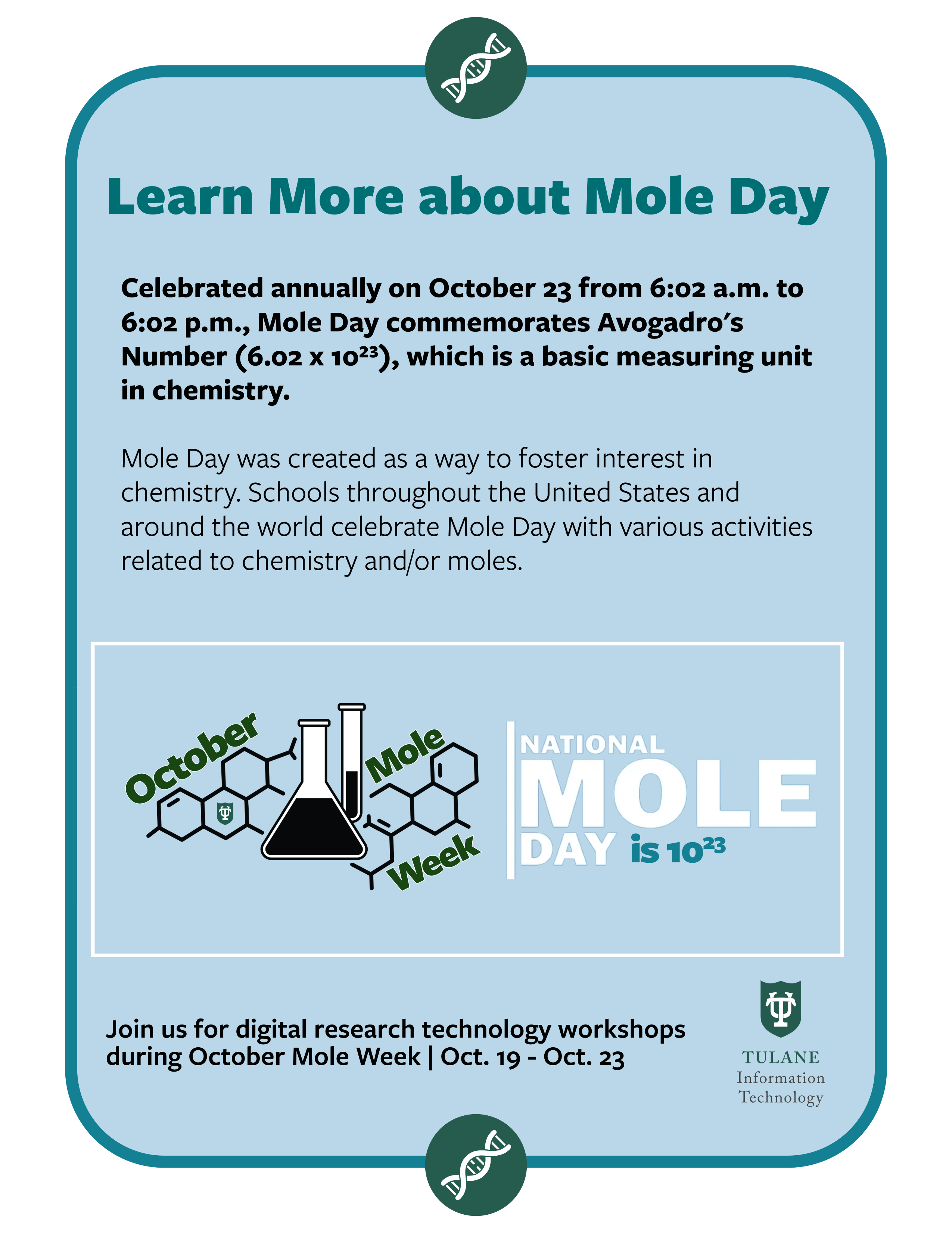 Graphic: National Mole Day announcement featuring beakers, molecules, and event details.