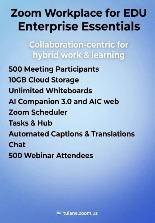 Zoom Workplace for EDU Enterprise Essentials Collaboration-centric for hybrid work & learning 500 Meeting Participants 10GB Cloud Storage Unlimited Whiteboards Al Companion 3.0 and AIC web Zoom Scheduler Tasks & Hub Automated Captions & Translations Chat 500 Webinar Attendees