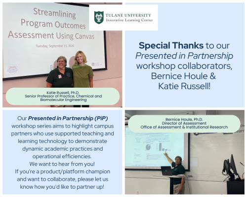 Graphic for workshop on program outcomes assessment, featuring two presenters.