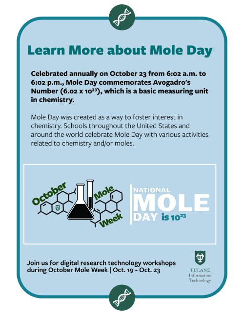 Graphic: National Mole Day announcement featuring beakers, molecules, and event details.