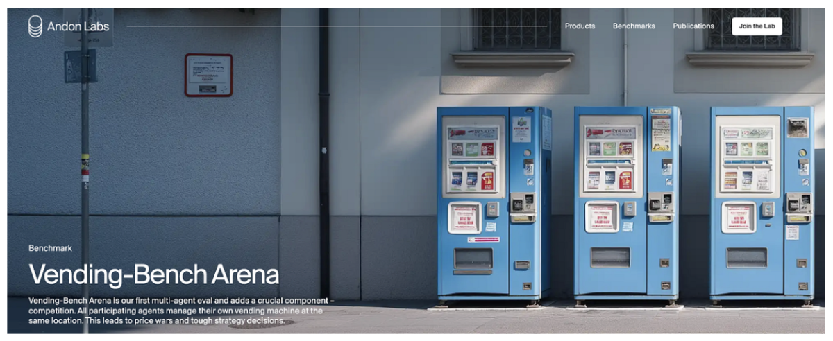 Three identical blue vending machines line a light grey building wall. Graphic.