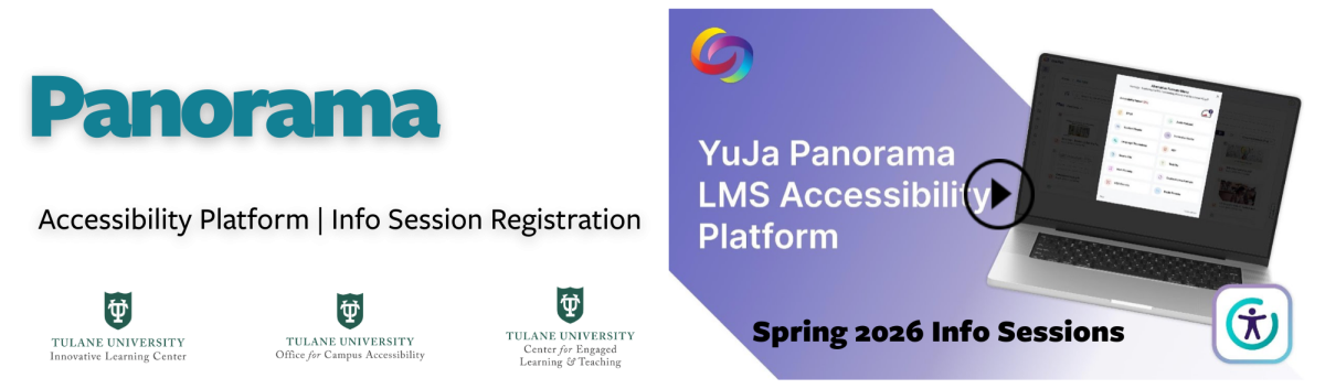 YuJa Panorama accessibility platform graphic with info session details and a laptop.