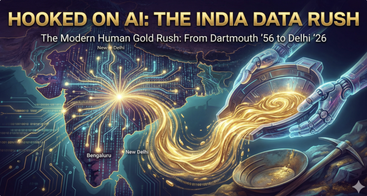 Map of India with glowing circuits; a robotic hand pours golden data into a pan.