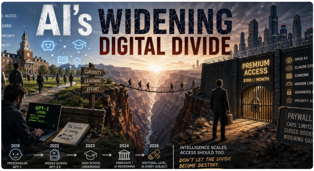 Graphic: Canyon divides traditional side with a path from modern city with a 'Premium Access' gate.