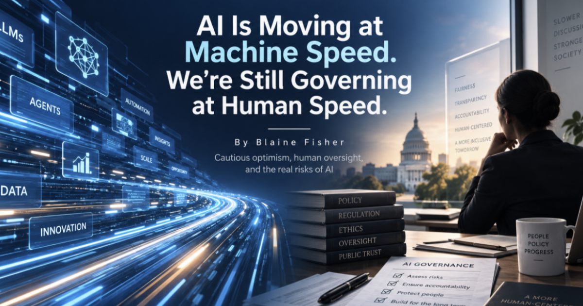 Graphic: Woman at desk, Capitol building, and glowing AI digital road.