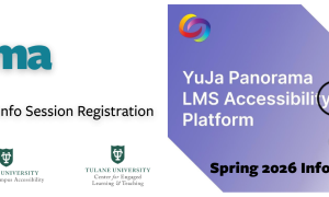 YuJa Panorama accessibility platform graphic with info session details and a laptop.