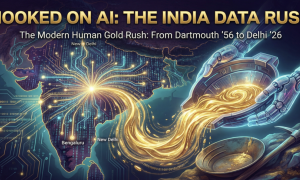 Map of India with glowing circuits; a robotic hand pours golden data into a pan.