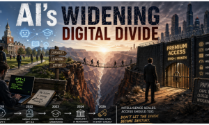 Graphic: Canyon divides traditional side with a path from modern city with a 'Premium Access' gate.