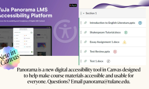 Graphic: LMS accessibility platform, displaying a tablet UI with scores and a course file list.