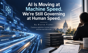 Graphic: Woman at desk, Capitol building, and glowing AI digital road.