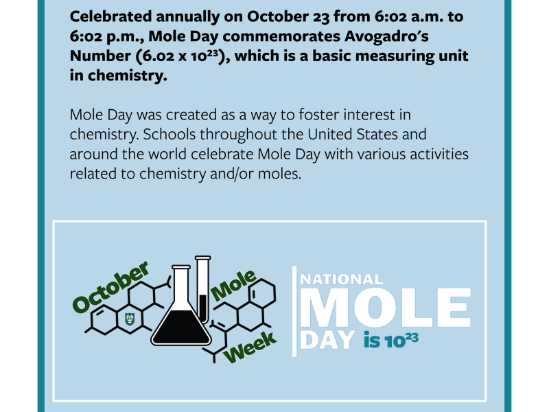 Graphic: National Mole Day announcement featuring beakers, molecules, and event details.